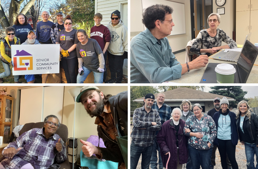 Picture collage of seniors, staff, and volunteers from the work of Senior Community Services